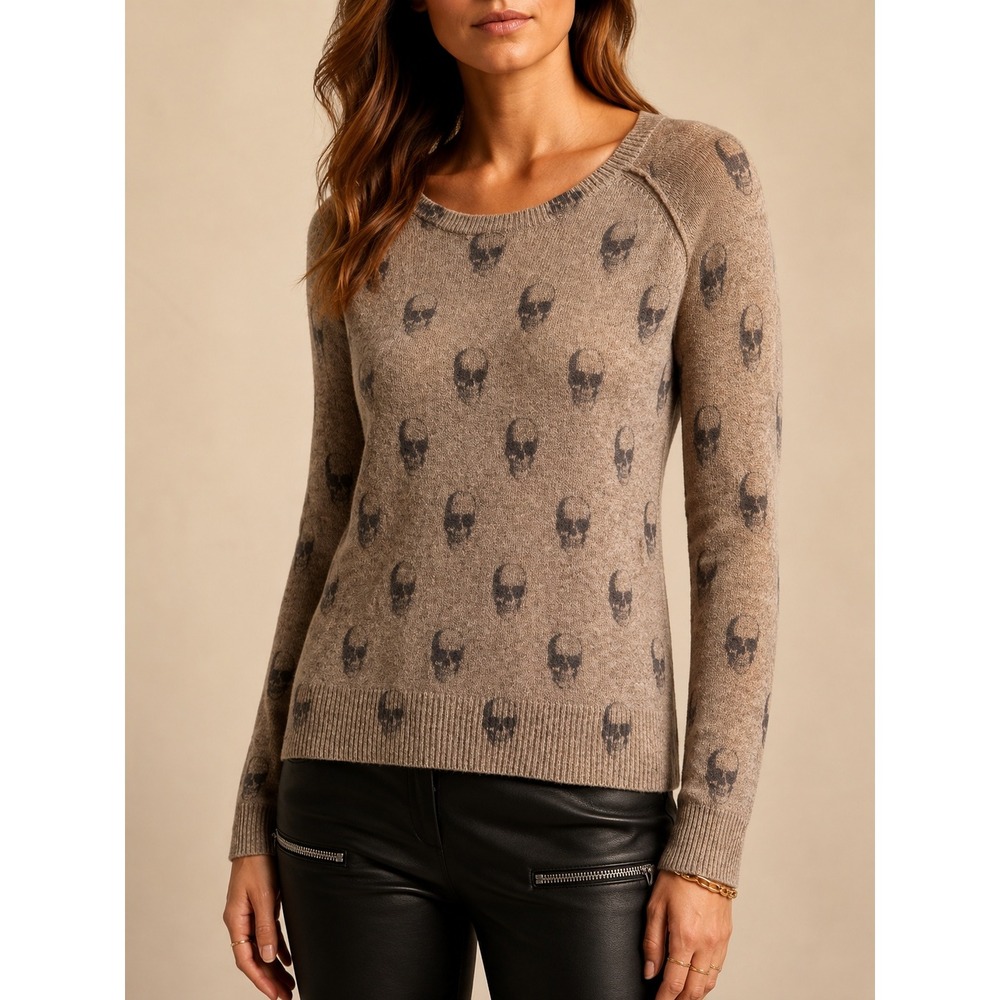 B39 360 Cashmere Skull Print Sweater S Brown Cashmere Raglan Sleeve Soft Cozy